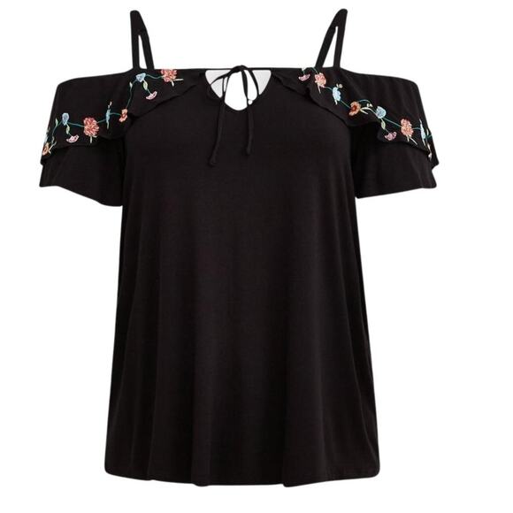 Torrid Super Soft Cold Shoulder Ruffle Top in Black in 5 (28) - Picture 4 of 4